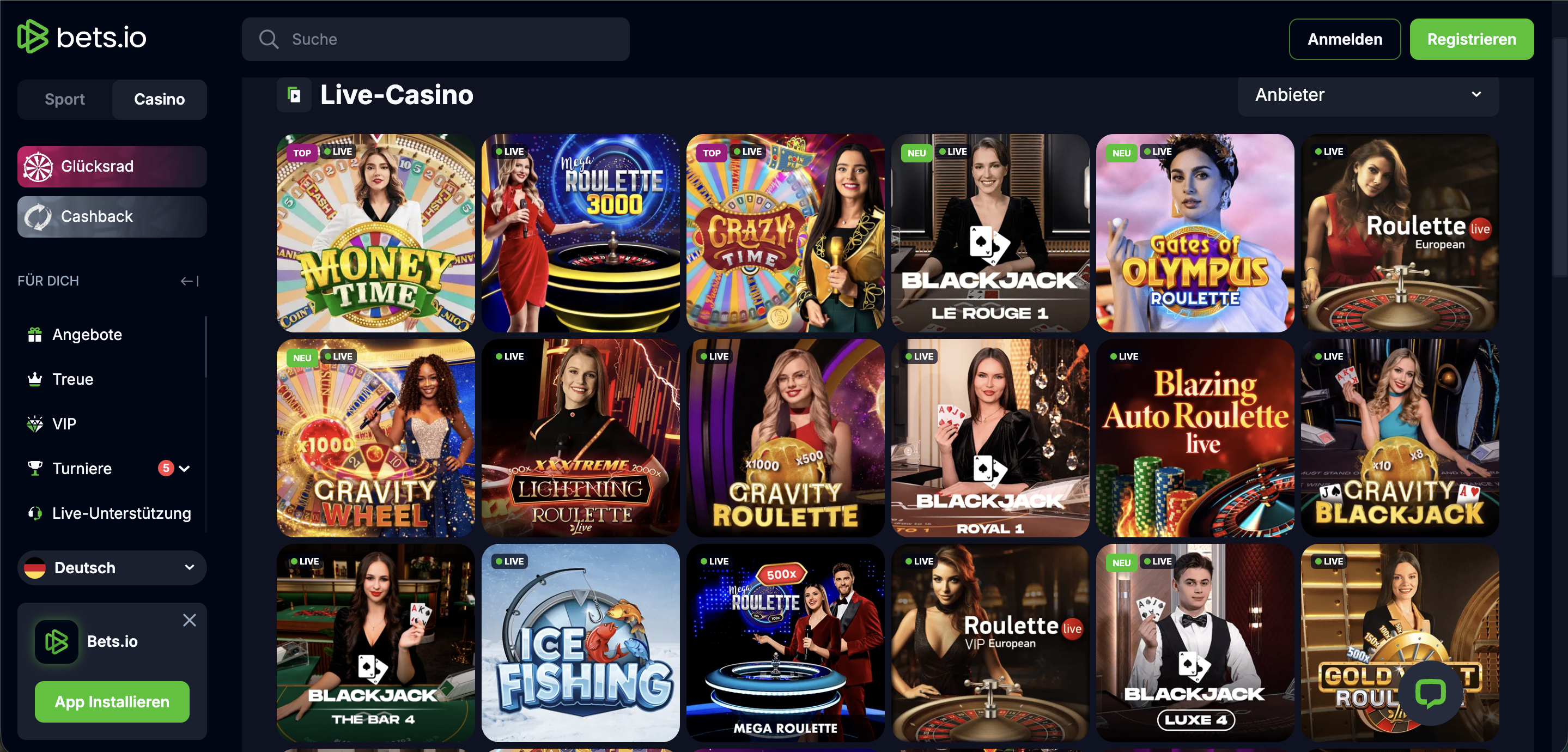Bets.io Live Casino Lobby